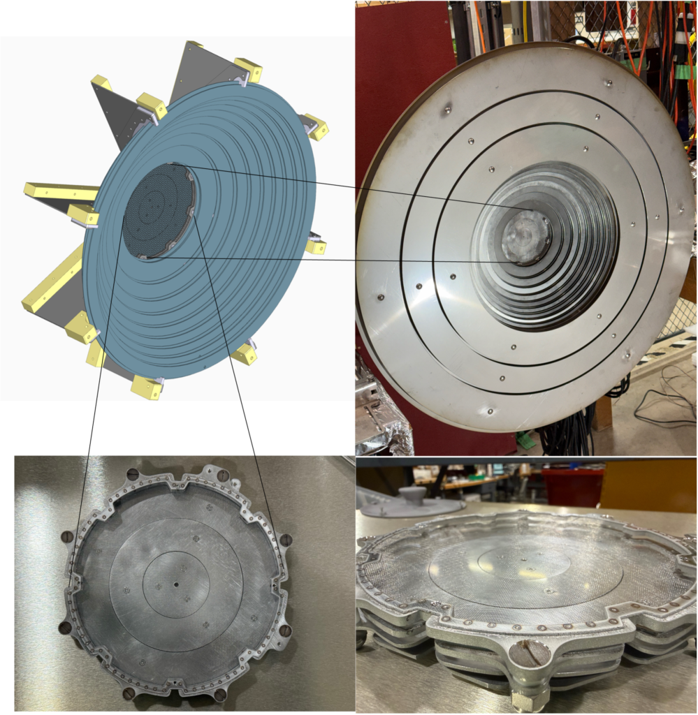 Figure 1: Single-stage direct energy converter on WHAM. Upper left: Direct energy converted installed in the center of the end-ring in CAD. Upper right: Assembled system ready for install on WHAM. Lower left and right: Zoomed in pictures of the direct energy converter assembly head on and at an angle showing the three-layer grids used for this first prototype. 
